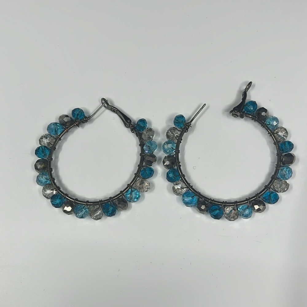 Wire Wrapped Blue and Gray Hoop Earrings